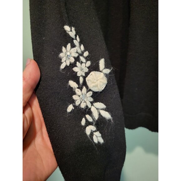 Vtg Black Ivory Floral Embroidered Rhinestone Cardigan Sweater Regencycore Sz M - Picture 5 of 9